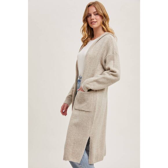 Longline Hoodie Drape Open Front Cardigan Coatigan Oatmeal - Picture 5 of 8